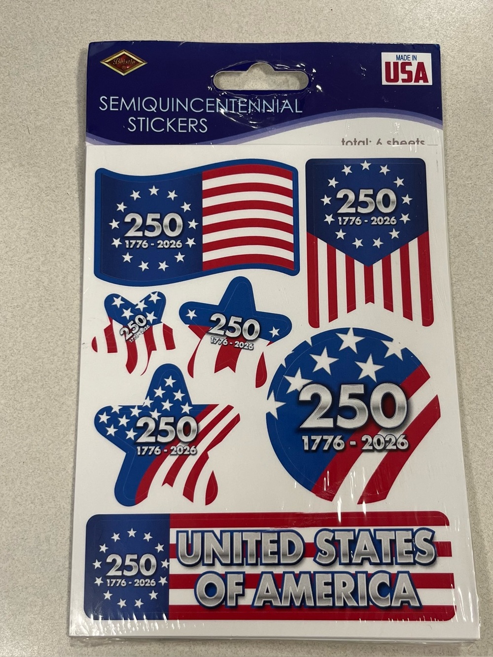 America 250 USA Semiquincentennial Stickers 7 per sheet 6 sheets per package
